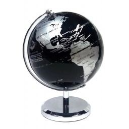 GLOBO TERRAQUEO NEGRO CON PLATA BASE CROMADA 14CM.